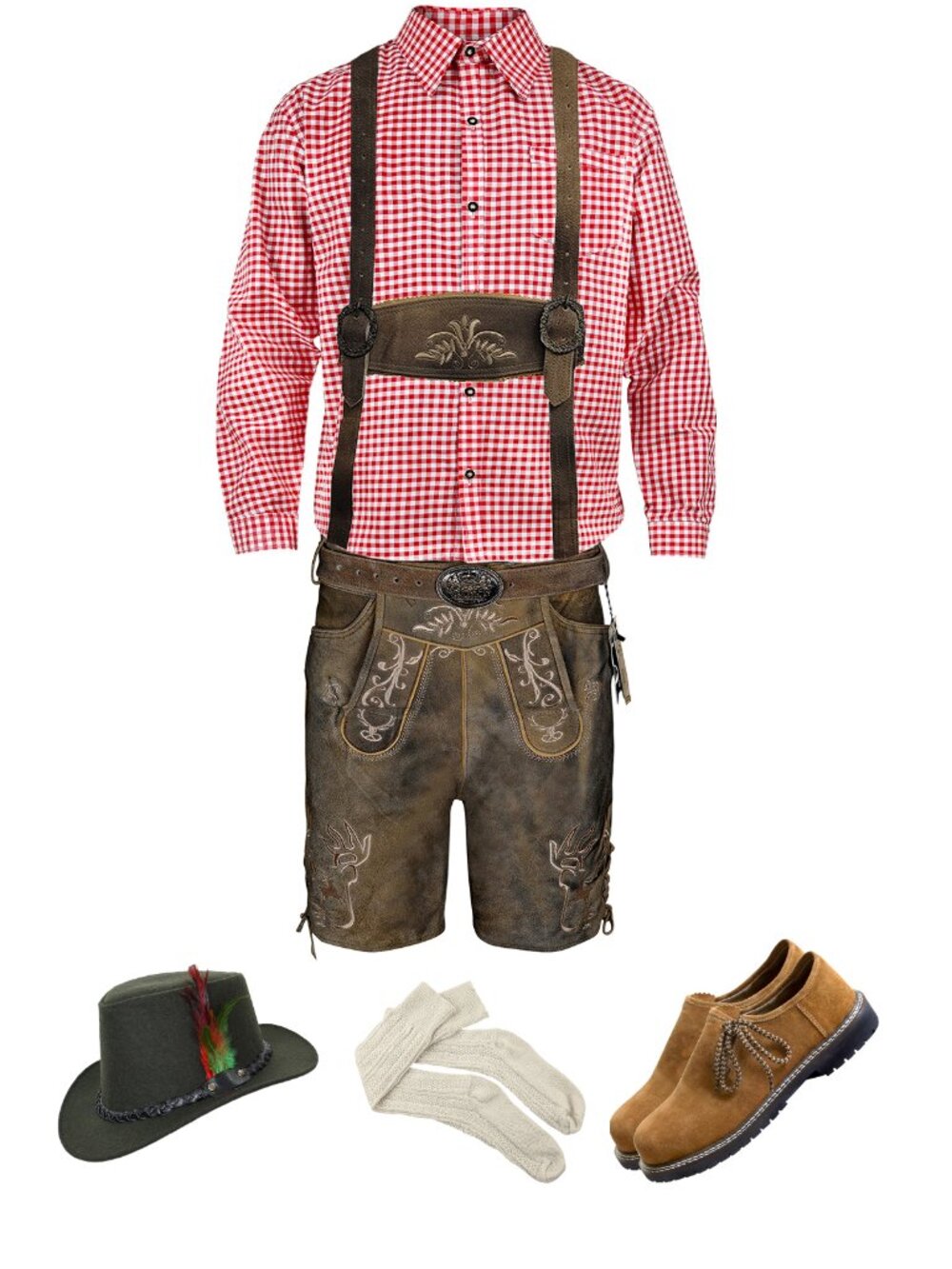 Mens Lederhosen Bavarian  Full Outfit Shirt Hat Socks Shoes